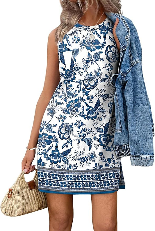 WIHOLL Casual Dresses for Women Crewneck Sleeveless Tank Dress Summer Spring Boho Vacation Clothes by WIHOLL