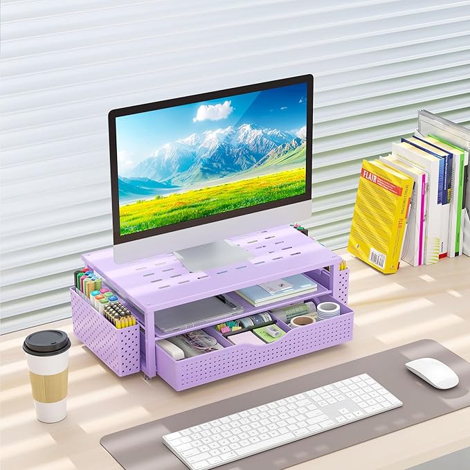 gianotter Desk Organizers and Accessories, Monitor Stand with Drawer and 2 Pen Holder, Purple Desk Accessories, Computer Stand Suitable for Offices and Dormitories (Purple) - Image 7