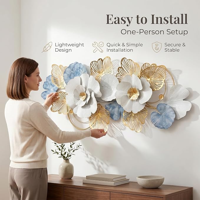 Axioglo 59" Large Wall Decor,3D Floral Metal Wall Art for Living Room | 59" x 27" metal wall decor with layered metal texture, mounting hardware, two-way display - Image 2
