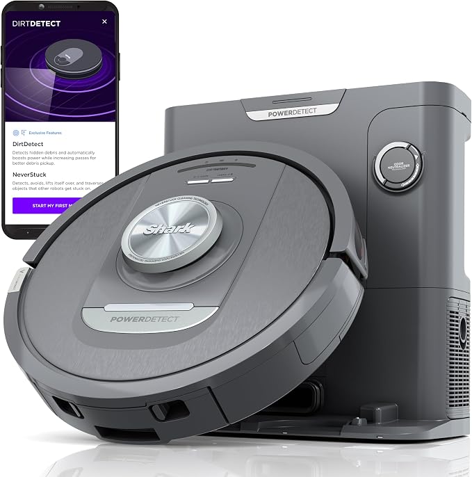Shark PowerDetect Self-Empty Robot Vacuum with NeverStuck Technology, Auto Deep-Clean Carpets & Hardfloors, XL 60 Day Capacity HEPA Bagless Base Neutralizes Odors, for Pet Hair, Black (AV2820AE) by Unknown
