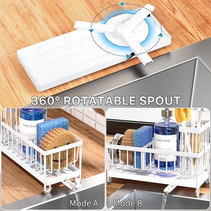 Cisily Sponge Holder for Kitchen Sink, Sink Caddy Organizer with High Brush Holder, Kitchen Countertop Organizers and Storage Essentials, Rustproof 304 Stainless Steel (White, 9.25″) - Image 2