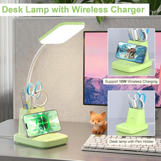 LED Desk Lamp with 10W Wireless Charging & Pen Holder, Light Green | CRI 95, 800LM, Stepless Dimming, 3 Modes, 360°Flexible Arm, Touch, Study Table Lamp for Home Office, Dorm Room, with Adapter - Image 2