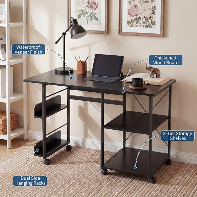 Garvee Folding Desk with Wheels, 31.5" Foldable Computer Desk with Storage Shelf, Space Saving Rolling Home Office Desk for Small Spaces, Portable Writing Table with Side Organizer, Black - Image 5