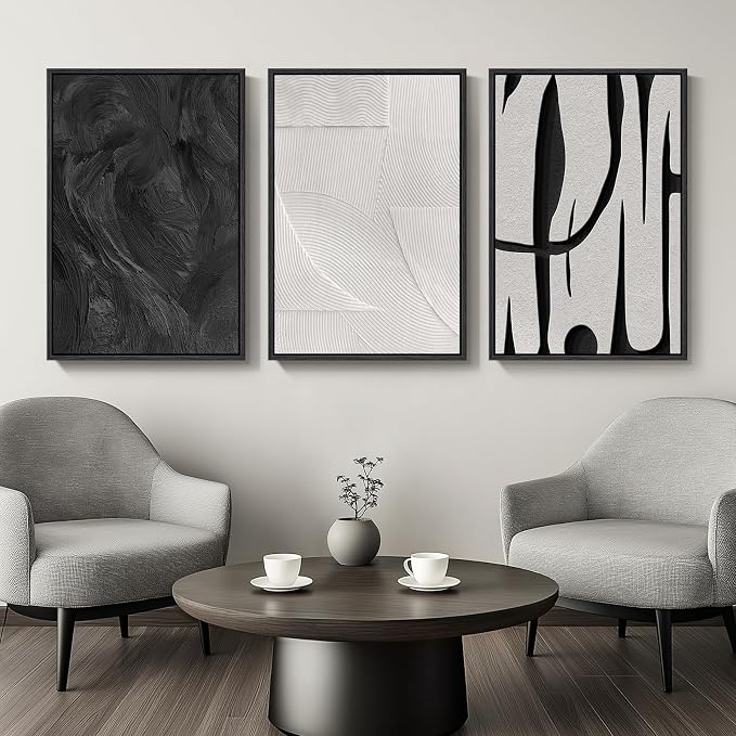 Large Framed Black and White Abstract Wall Art for Living Room, 3 Piece Canvas Prints Paintings Artwork for Walls, Modern Minimalist Pictures for Hallway Stair Office Wall Decor -Total Size 30x60 Inch - Image 2