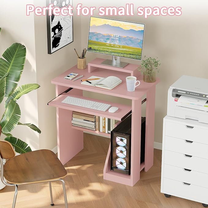 ALISENED 30 Inch Computer Desk, with Keyboard Tray & Monitor Stand | Compact Desk for Space-Saving, Ergonomic Study Desk with Storage Shelves for Writing, Gaming, Working, Pink - Image 3