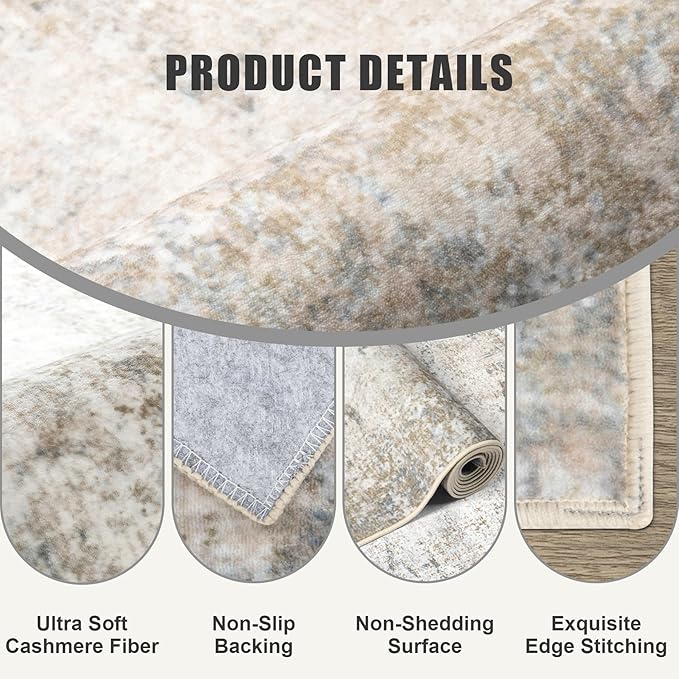 Round Area Rug for Living Room: 5 ft Washable Modern Abstract Soft Thin Rug Indoor Floor No Slip Stain Resistant Carpet for Bedroom Dining Room Farmhouse Nursery Home Office - Brown Grey - Image 6