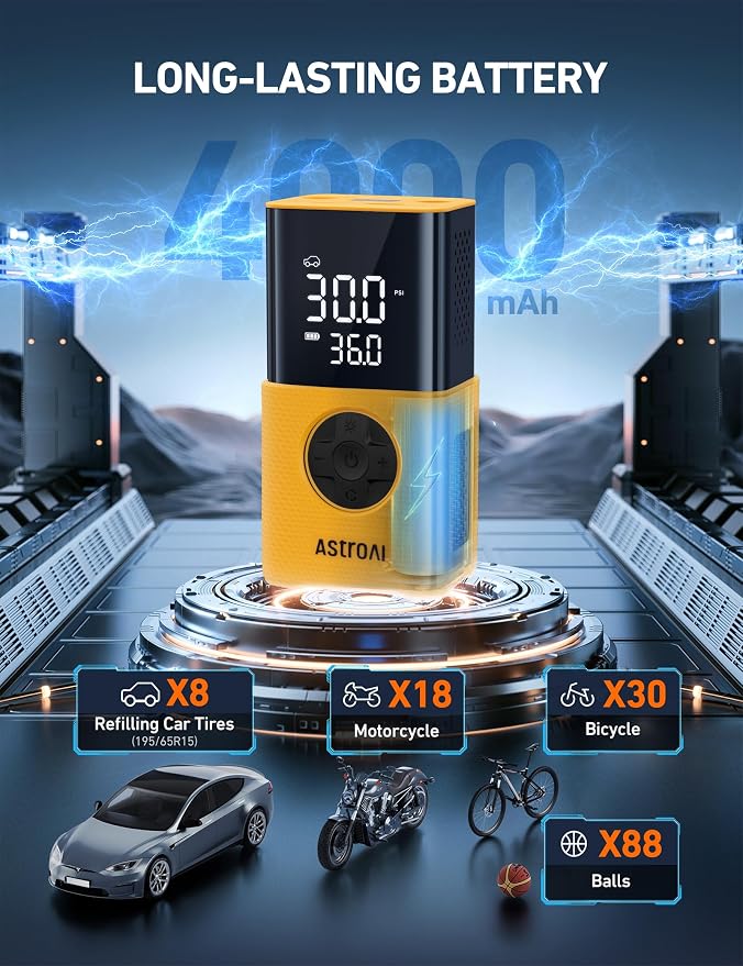 AstroAI L7S Tire Inflator Portable Air Compressor Cordless with Digital Pressure Gauge, 150 PSI LED Light Bike Air Pump with Fast Inflation & Auto Shut-Off for Car Tires,Motorcycles,Bikes,Balls,Yellow - Image 3