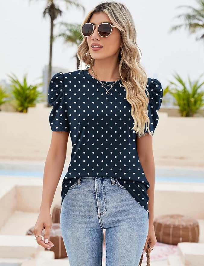 Ivicoer Puff Short Sleeve Shirt for Women Eyelet Tops Summer Crewneck Blouse Loose Fit S-XXL - Image 4
