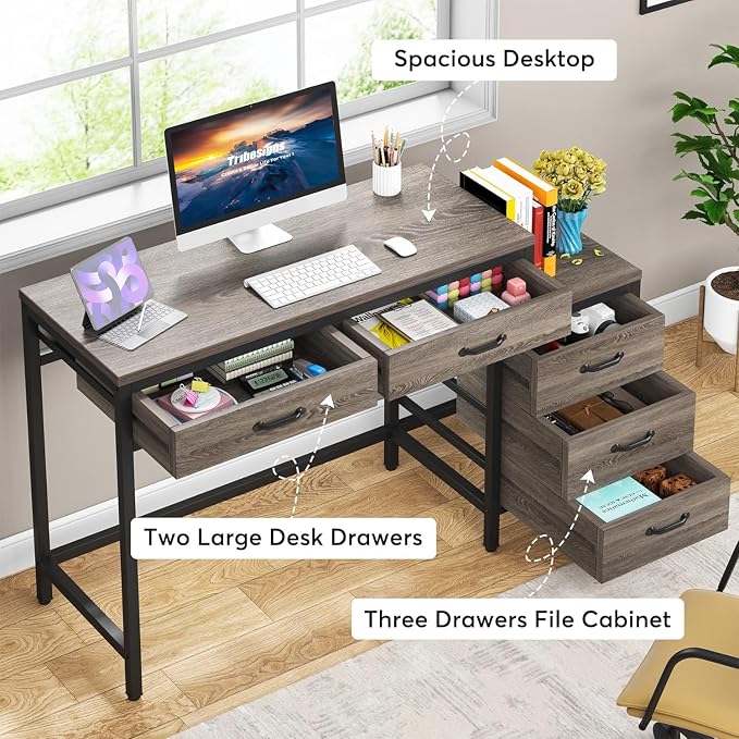 Tribesigns Computer Desk with 5 Drawers, Reversible Home Office Desks | Small Desk with Drawer Cabinet Printer Stand, PC Desk with Storage, Grey Study Writing Table Workstation for Small Spaces - Image 6