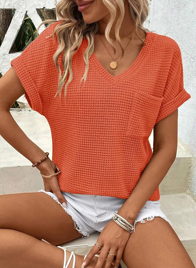 Dokotoo Womens Waffle Knit Tops 2026 Spring Summer V Neck Shirts Casual Trendy Women's Blouses Basic Tee - Image 3