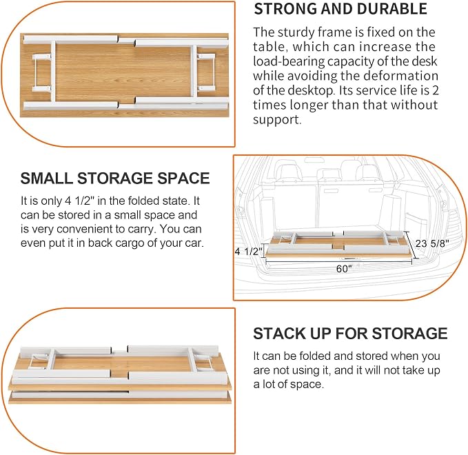 Need Office Computer Desk 60 Inch Sturdy Folding Laptop Table Teak | White Frame Writing Gaming Work Table/Foldable Home Office Desk/Sewing Table, No Assembly Required - Image 8