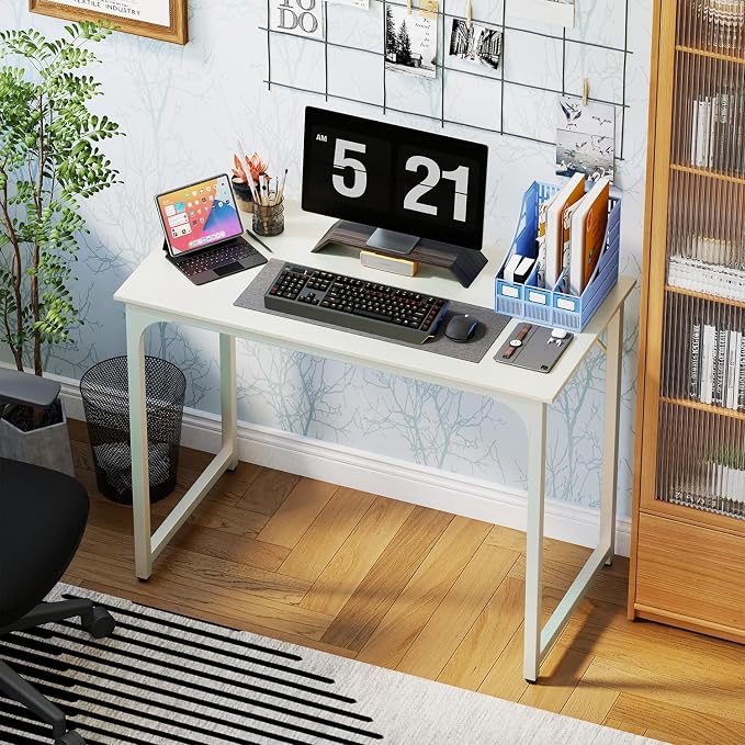 PayLessHere | 39 Inch Computer Desk | White | Office Desk with Metal Frame, Adjustable Feet | Water-Resistant, Scratchproof Surface | Sturdy Writing Table for Home Office or Study | Pack of 1 - Image 2