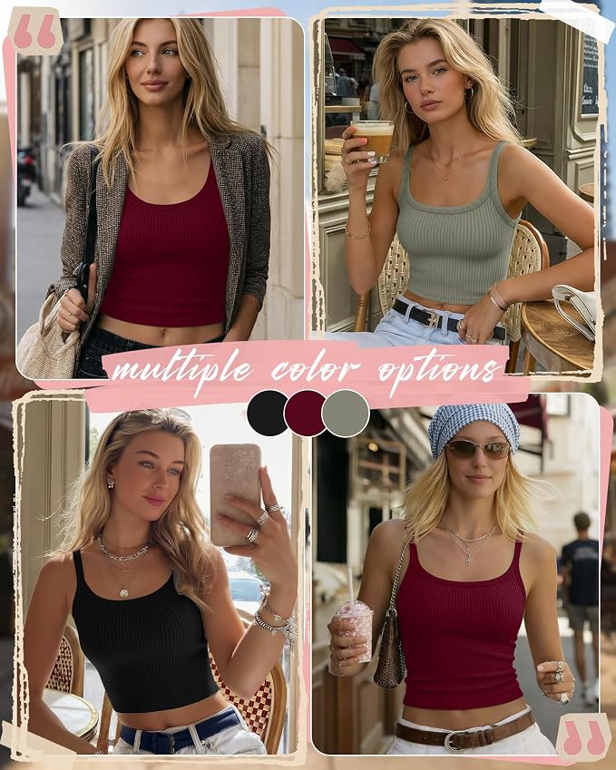 Ficerd 3 Pack Women's Tank Tops 95% Cotton Spaghetti Strap Ribbed Crop Camisole Slim Fitted Basic Summer Sleeveless Layer - Image 2