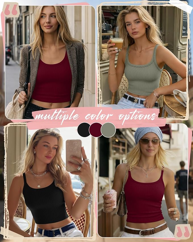 Ficerd 3 Pack Women's Tank Tops 95% Cotton Spaghetti Strap Ribbed Crop Camisole Slim Fitted Basic Summer Sleeveless Layer - Image 2