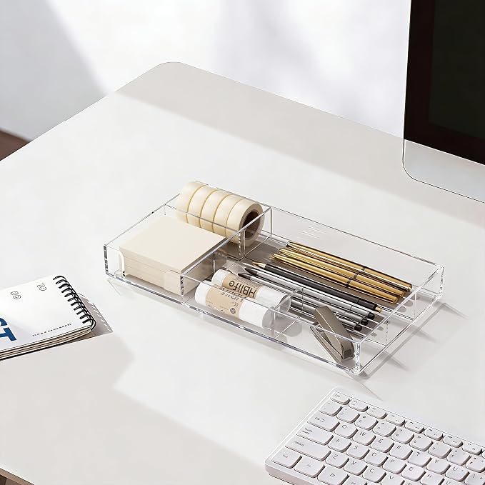 HBlife Acrylic Desk Drawer Organizer Tray with 6 Compartments, Small Clear Office Drawer Organizers and Accessories for Pens, Pencil, Makeup, Desktop, Bathroom and Kitchen, 11.65 x 6.1 x 1.38 Inch - Image 5