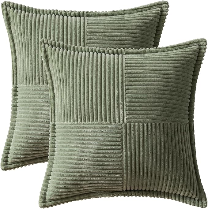 MIULEE Decorative Throw Pillow Covers for Couch Bed Livingroom 16x16 Inch Set of 2 Light Olive Green Boho Accent Throw Pllows Broadside Striped Patchwork Soft Corduroy Summer Pillowcases - Image 6