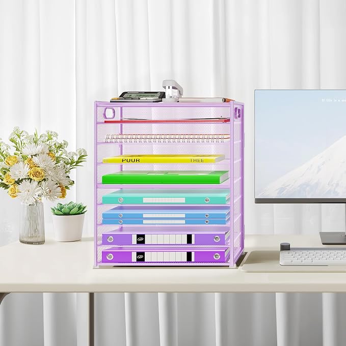 Cawukege 9 Tier Paper Organizer with Handle, 2 Pack Large Capacity Desk Organizer Mesh Paper Letter Tray File Folder Document Sorter for Classroom and Office Accessories Organization- Purple - Image 6