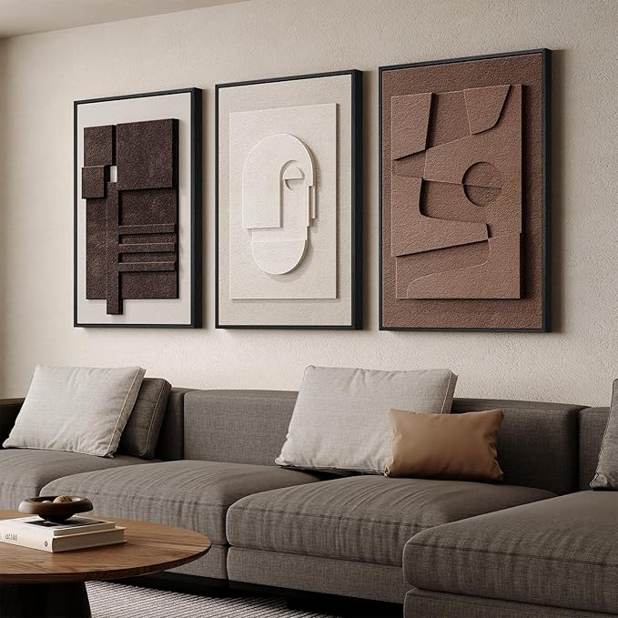 Large 3D Textured Framed Neutral Abstract Wall Art for Living Room, 3 Piece Modern Artwork for Walls, Minimalist White and Brown Geometric Wall Paintings for Hallway, Stair, Office Wall Decor 24x36 In by Cuspin