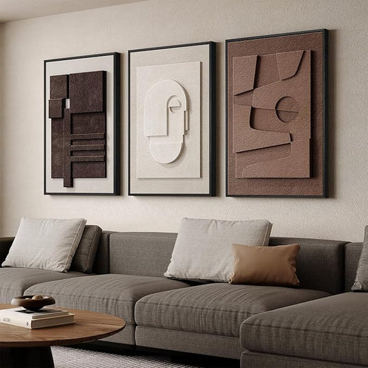 Large 3D Textured Framed Neutral Abstract Wall Art for Living Room, 3 Piece Modern Artwork for Walls, Minimalist White and Brown Geometric Wall Paintings for Hallway, Stair, Office Wall Decor 24x36 In by Cuspin