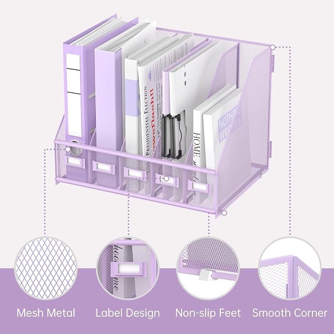 SUPEASY Desk Organizers Metal Desk Magazine File Holder with 5 Vertical Compartments Rack File Organizer for Office Desktop, Classroom, Home Workspace, Purple Plus - Image 4
