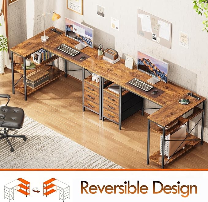 Alpen L Shaped Computer Desk, 47 Inch Corner Desk with Drawers and Power Outlets, Home Office Desk for Gaming, Study Writing PC Table with Storage and Reversible Shelf, Rustic Brown - Image 5