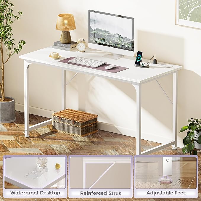 PRAISUN 47 X 20 Inch Computer Desk, Power Outlets, USB-C, White | Office Desk with 4 AC Outlets, USB & USB-C, Sturdy Metal Frame, Spacious Desktop for Work, Writing, Study & Gaming - Image 7