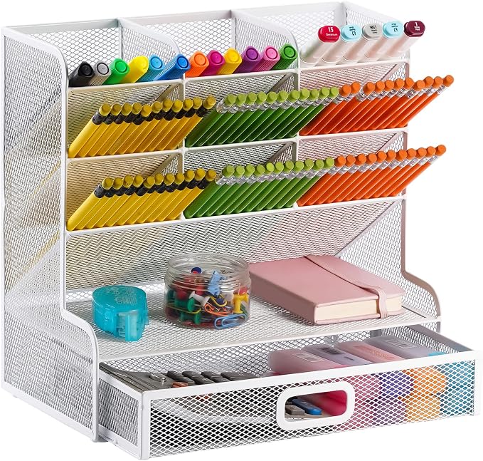 Marbrasse Mesh Desk Organizer - Multi-Functional Pen Holder with Drawer, Desktop Stationary Storage Rack for School, Home, Office, Art Supplies (White Mesh) by Marbrasse