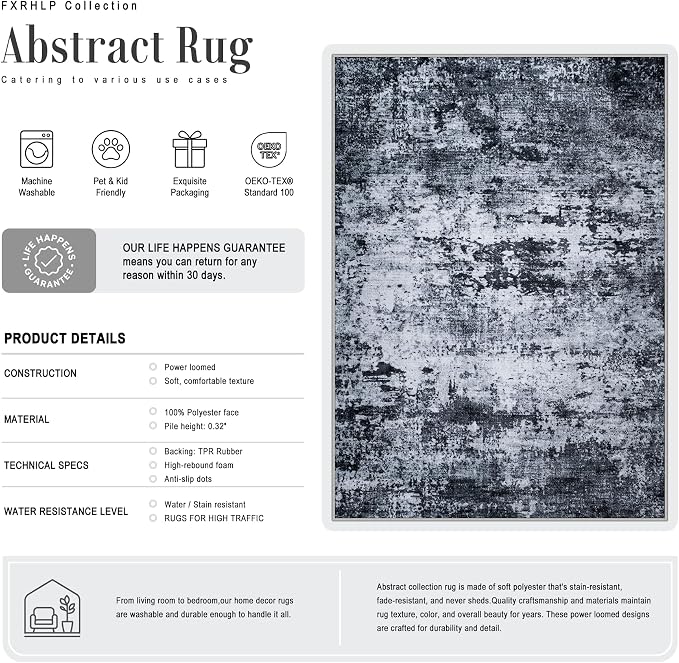 6x9 Area Rug Living Room Rug: Washable Modern Abstract Soft Thin Rug Indoor Floor No Slip Stain Resistant Carpet for Bedroom Dining Room Farmhouse Nursery Home Office - Black - Image 2