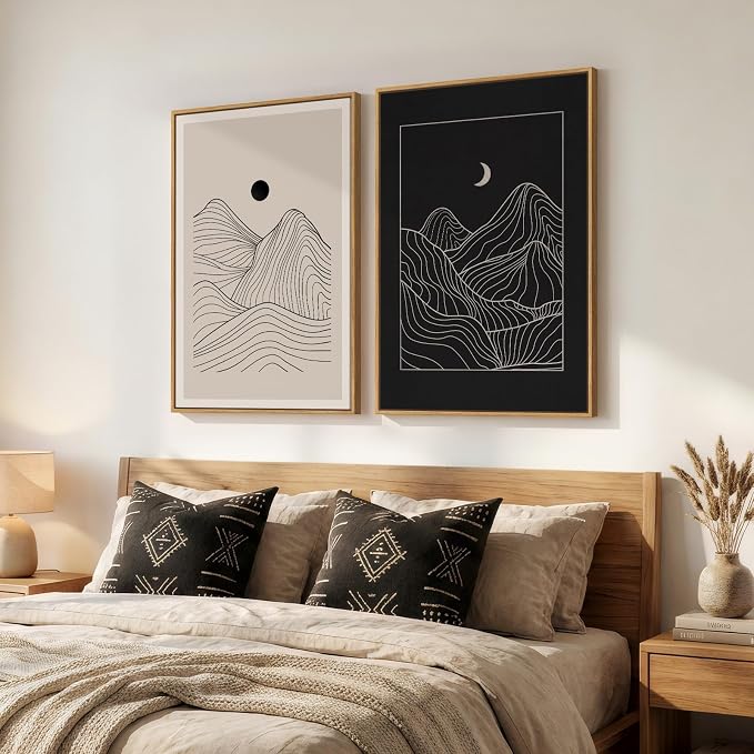 Large Framed Black and Beige Neutral Abstract Wall Art for Living Room, Set of 2 Modern Canvas Prints Paintings Artwork for Walls, Mountain and Moon Pictures for Bedroom Hallway Wall Decor 24x36 In - Image 2