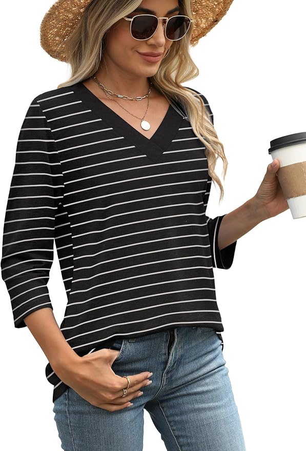 WIHOLL Womens Tops 3/4 Length Sleeve V Neck Casual Tunic Tops Basic Shirts Loose Fit Blouse - Image 3