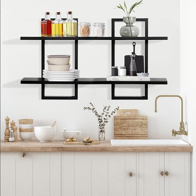 PHOENANCEE Floating Shelves for Wall,Display Hanging Shelf Set of 2,Modern Decorative Plants Shelves,Wood Home Decor Storage Chic for Living Room Bedroom Bathroom Office,Oak Frame,2-Tier Black - Image 5