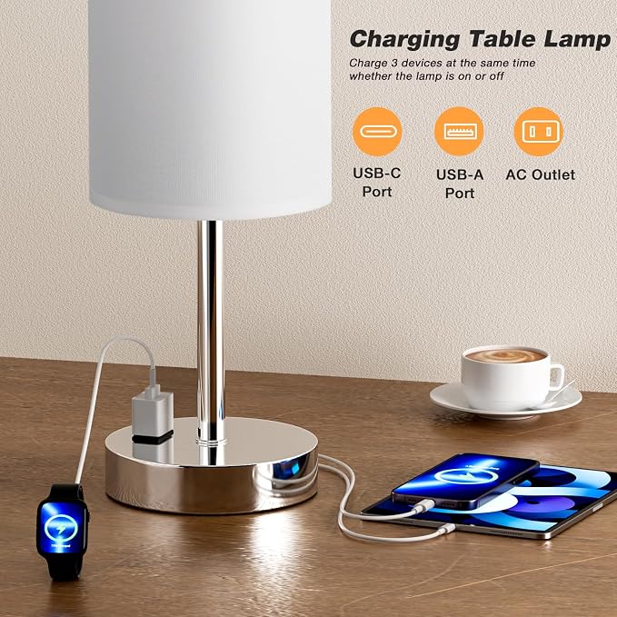 Fenmzee Touch Bedside Lamp - White, 3-Way Dimmable, USB A + C Charging, AC Outlet, 17.4inch Medium - Image 5