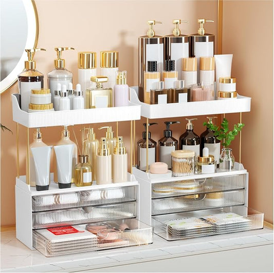 StorBin Arcylic 5-Tier Makeup & Skincare Organizer for Vanity, Bath, 2 Sets | Smooth 3 drawers, clear body, gold frame, non-slip, for perfumes, serums, face masks, palettes, vanity & bath counter,Clear by Unknown