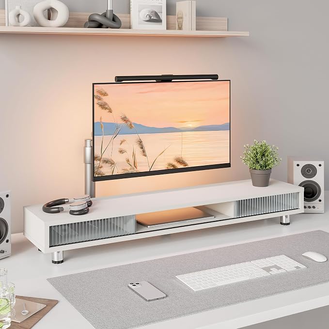 Fenge Dual Monitor Stand, 42.5inch Long Monitor Stands Riser for 2 Monitors, Glass Sliding Door with Storage Organizer Stand for Desk, 2 Tier Desk Shelf for Laptop, Pc, Printer, Computer, TV - Image 3