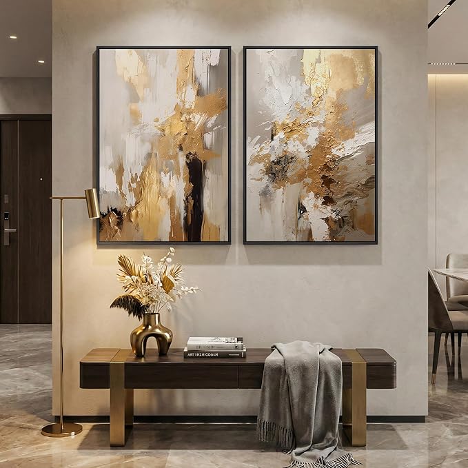 Large Framed Neutral Abstract Wall Art, 2 Piece Modern Canvas Prints Paintings, Beige Gold Abstract Pictures for Living Room Hallway Dining Room Bedroom Office Wall Decor 24x36 In - Image 2