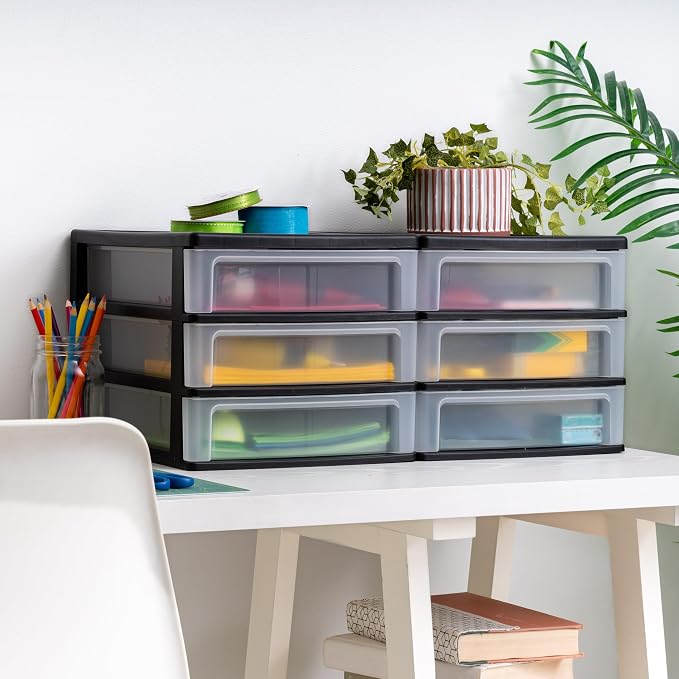 IRIS USA 2-Pack, 3-Drawer Medium Plastic Stacking Desktop Organizer, Black | Organize office supplies, stationery, makeup, craft materials and everyday essentials for neat desktop storage - Image 6