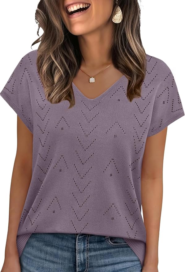 WIHOLL Short Sleeve Sweater for Women V Neck Trendy Cute Tops Business Casual Outfits Cap Sleeve - Image 2