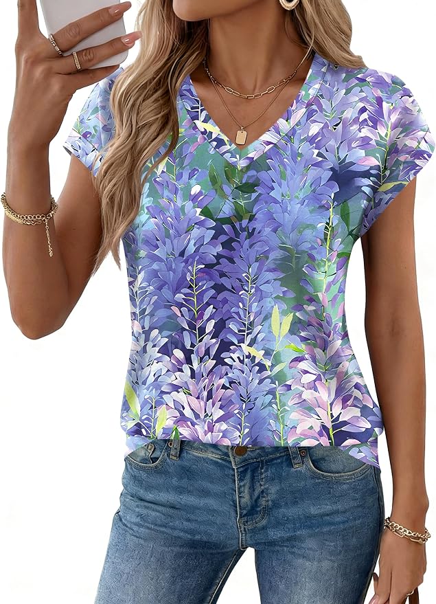 Rapbin Womens Summer Tops Women Blouses Dressy Casual V Neck T Shirts Short Sleeve Spring Tops for Women - Image 3