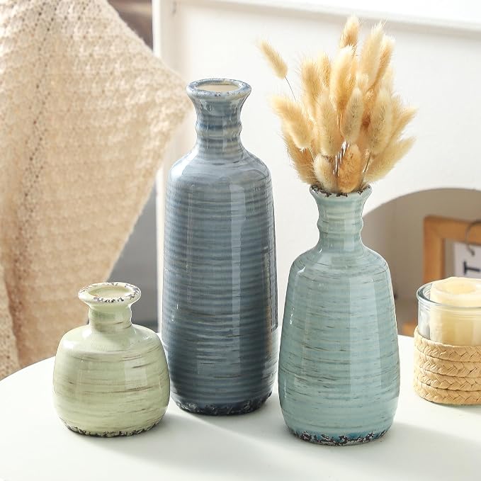 Ceramic Vase Set of 3, Rustic Neutral Vases Home Decor Farmhouse Decorative Flower Vase Modern Boho Pampass Vases for Table Mantel Entryway Shelf Living Room Kitchen Bathroom - Multicolor - Image 8