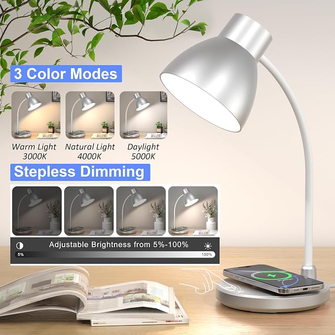 LED Desk Lamp for Home Office with Wireless Charger, Silver | 3 Color Modes Dimmable Eye-Caring Study Reading Dorm Desk Lamp, 360° Flexible Arm Table Lamp for College Dorm Room, 800 Lumen - Image 3
