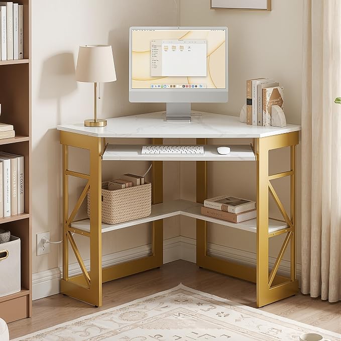 VECELO Corner Desk, Triangle Computer Desk for Small Space with Charging Station and Keyboard Tray, Corner Makeup Table with Storage Shelves for Home Office Bedroom, 41x30, Gold - Image 2