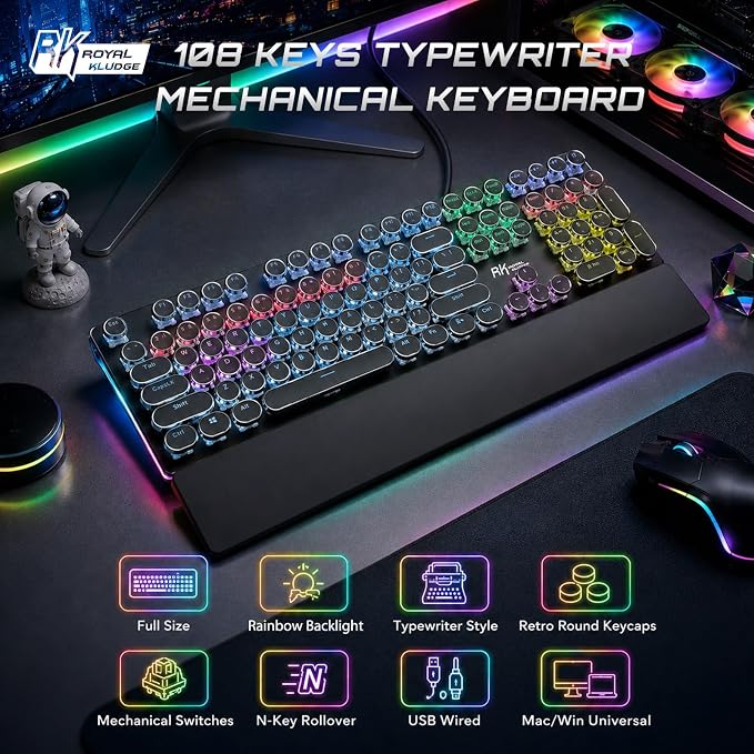 RK ROYAL KLUDGE S108 Typewriter Mechanical Keyboard, Wired Gaming Keyboard with Number Pad, Full Size Retro Keyboards w/Detachable Wrist Rest for Mac/Win/PC, Clicky Blue Switch, Rainbow Backlit Black - Image 2