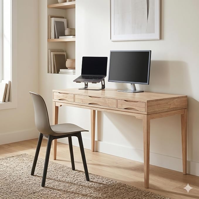 SIMPLIHOME Harper Desk - 60 inch Wide Solid Wood Writing Desk in Blonde, Mid-Century Modern Home Office Computer Desk with Keyboard Tray, 2 Drawers and Notched Handles - Image 2