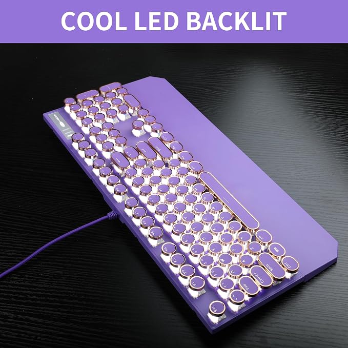 Camiysn Typewriter Style Mechanical Gaming Keyboard, Purple Retro Punk Gaming Keyboard with White Backlit, 104 Keys Blue Switch Wired Cute Keyboards, Round Keycaps for Windows/Mac/PC - Image 5