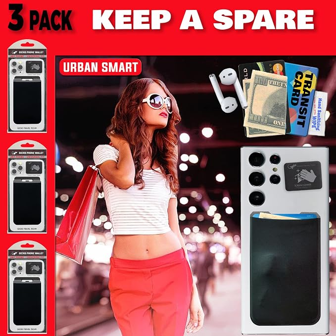 Phone Wallet - Adhesive Card Holder - Cell Phone Pouch - Stick on Lycra Pocket by Gecko - Carry Credit Cards and Cash - Image 8