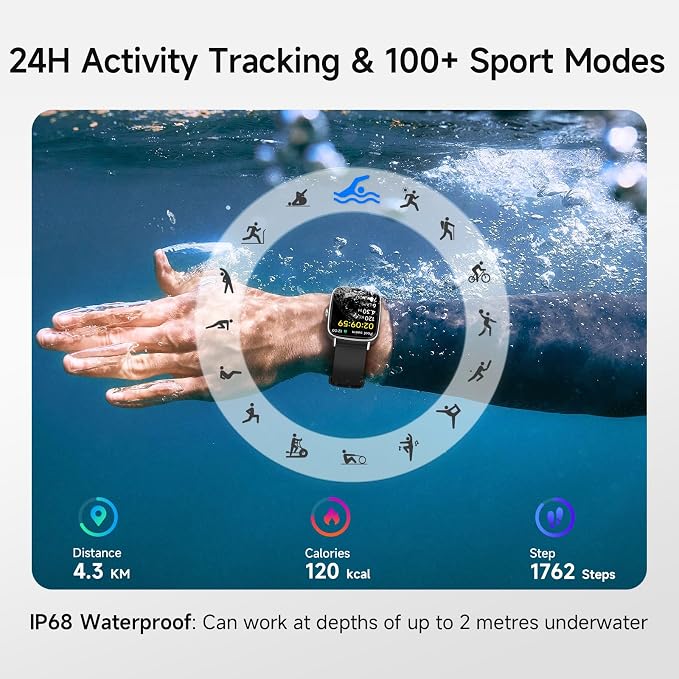 Smart Watch for Men Women, 1.85" HD Smartwatch Compatible iPhone/Samsung/Android (Answer/Make Calls), 100+ Sport Modes Fitness Tracker with Heart Rate/Sleep/SpO2 Monitor, IP68 Waterproof, with 2 Bands - Image 4