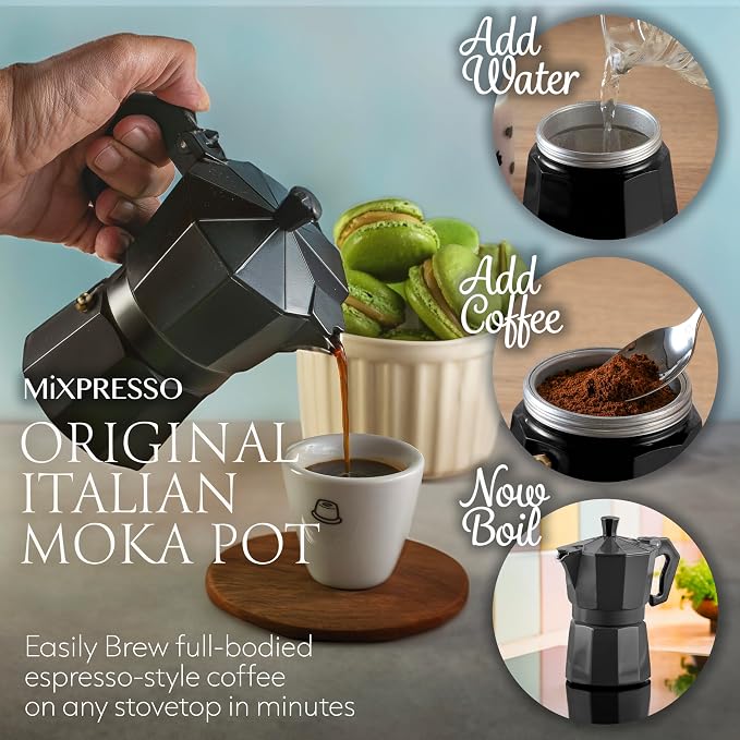 Mixpresso 3 Cup Moka Pot Stovetop Espresso Maker, Italian Cuban Coffee Pot | 5oz aluminum Italian coffee maker for gas and electric stovetops, small design for traditional espresso-style coffee at home - Image 6