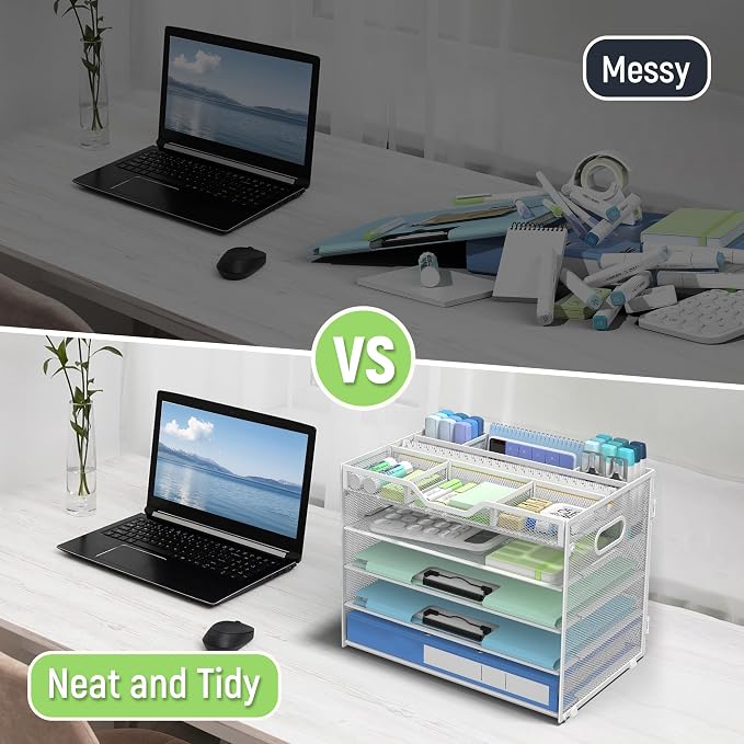 Docnest 5 Tier Mesh Desk Organizer with Removable Tray&Pen Holder, White | Features 3 detachable pen holders and 4 removable dividers.Versatile mesh desktop storage for mail, document,office supplie - Image 2