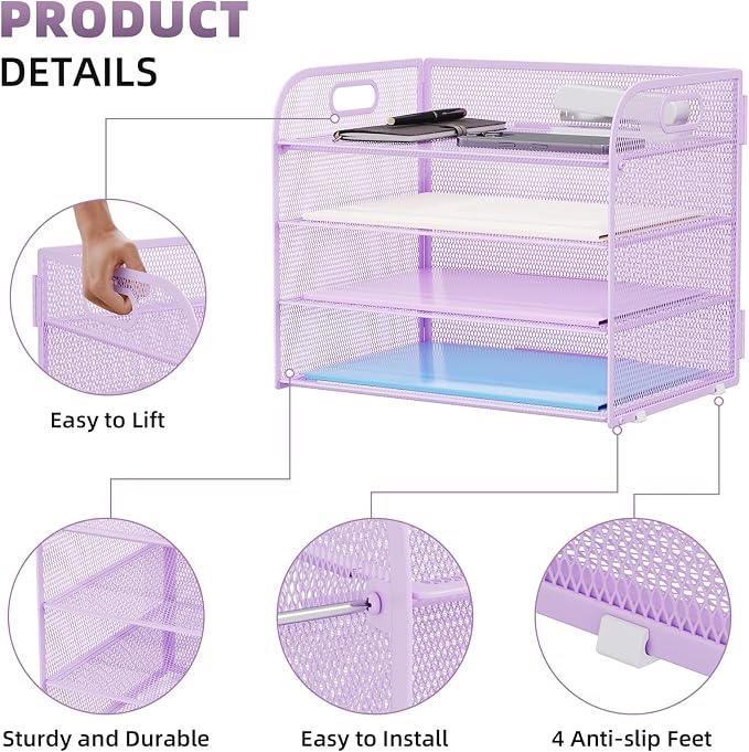 Marbrasse 4 Tier Paper Organizer Letter Tray - Mesh Desk File Organizer with Handle, Paper Sorter Organizer for Letter/A4 Office File Folder Holder (Purple, 12.6" x 9.1" x 10.7") - Image 4