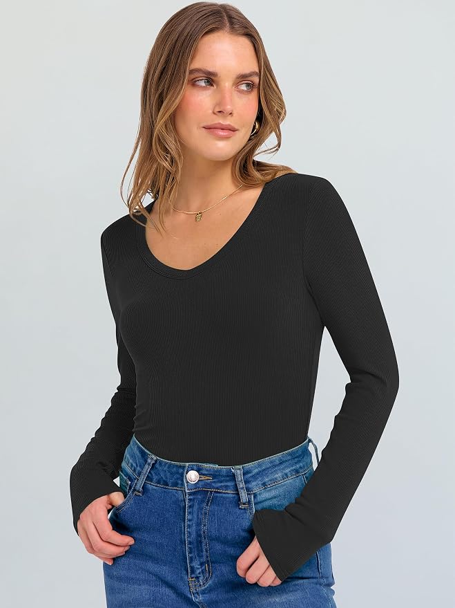 ANRABESS Long Sleeve V Neck Shirts for Women | Soft Comfy Ribbed Knit Fitted Tshirts, Casual Going Out Tops, 2026 Trendy Basic, Fall Winter Underscrub Layering Clothes - Image 4